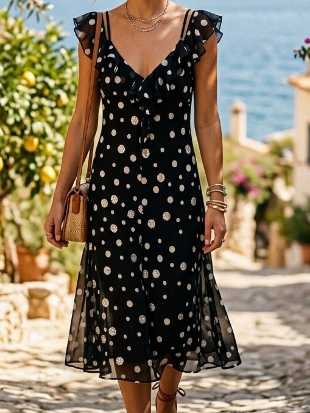 Vintage Polka Dot Beaded Chiffon Ruffle Midi Dress M Black Y2K Sheer Lined